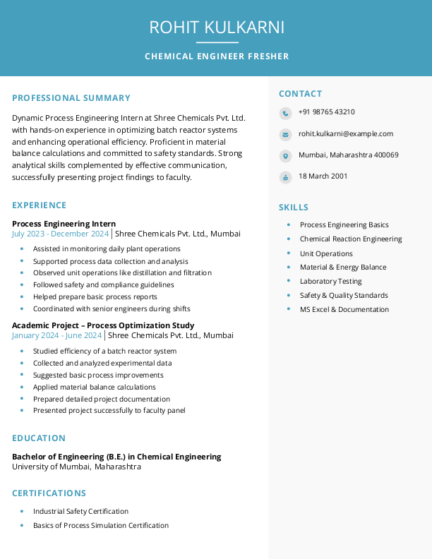 Chemical Engineer Fresher Resume Format Free Download in Word
