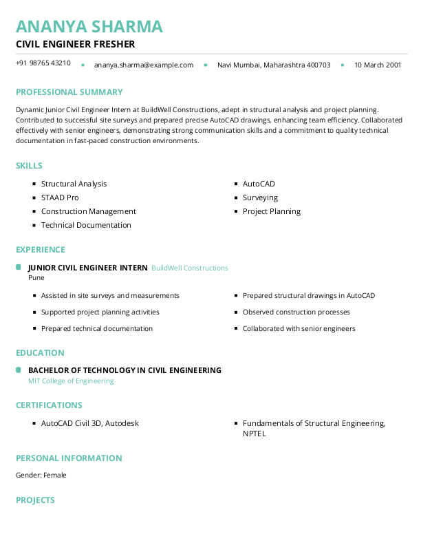 Civil Engineer Fresher Resume Format Free Download in Word