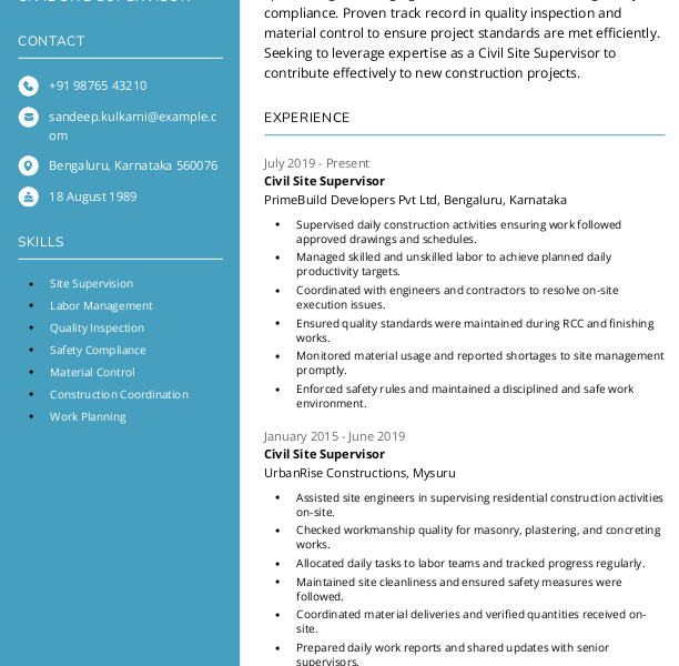 Civil Site Supervisor Resume example to Download & Edit in Word