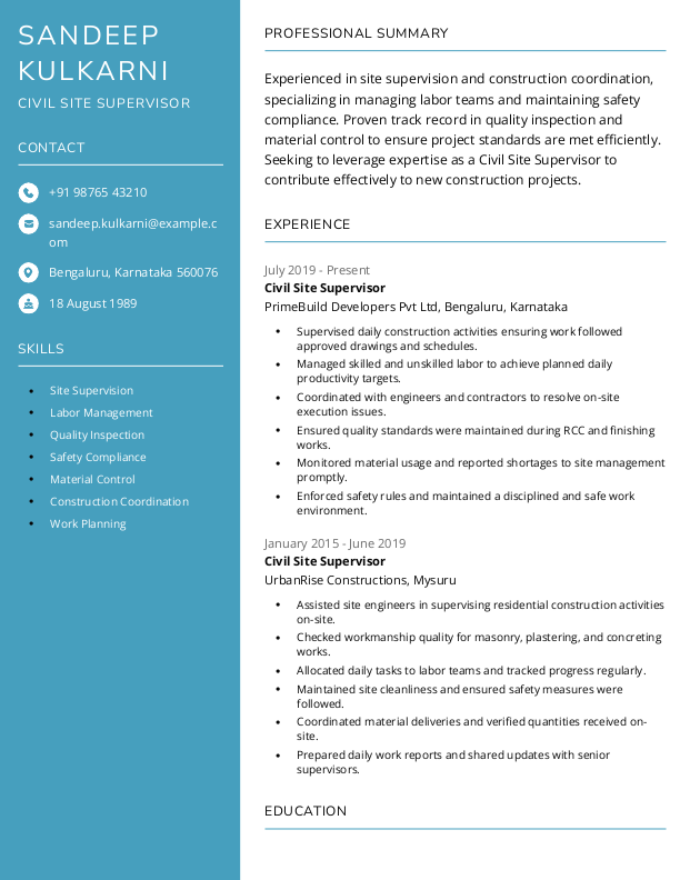 Civil Site Supervisor Resume example to Download & Edit in Word