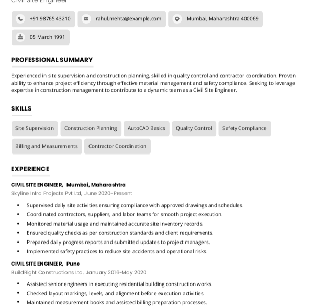 Civil Site engineer Resume example to Download & Edit in Word