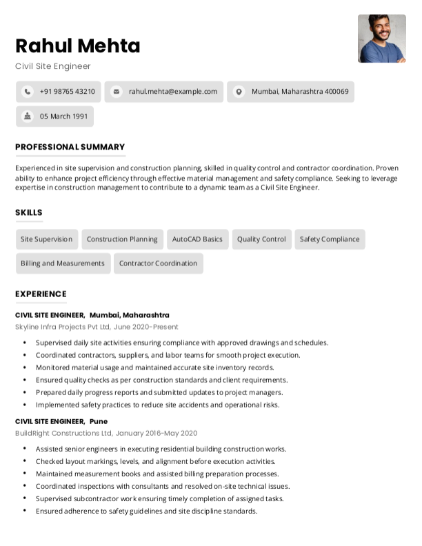 Civil Site engineer Resume example to Download & Edit in Word