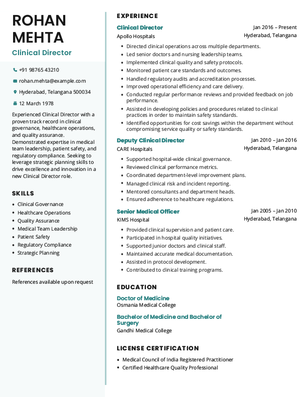 Clinical Director Resume format to Download & Edit in Word