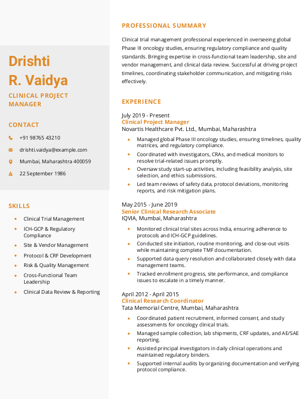 Clinical Project Manager Resume Format and Template in Word