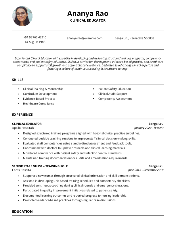 Clinical educator Resume format to Download & Edit in Word