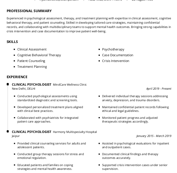 Clinical psychologist Resume example to Download & Edit in Word