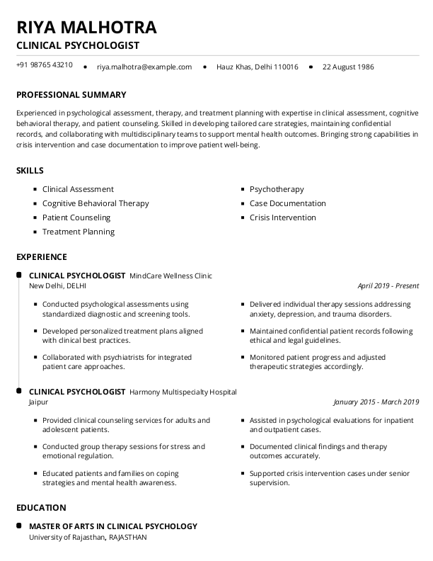 Clinical psychologist Resume example to Download & Edit in Word