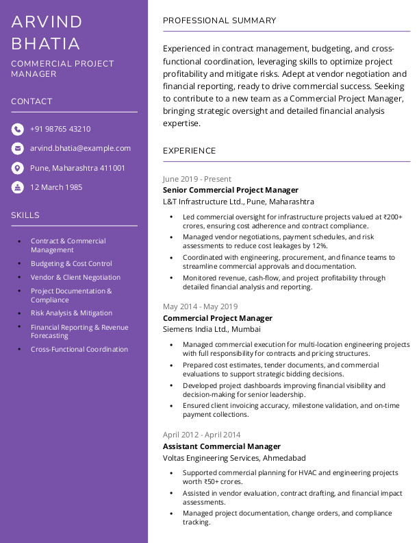 Commercial Project Manager Resume Format and Template in Word
