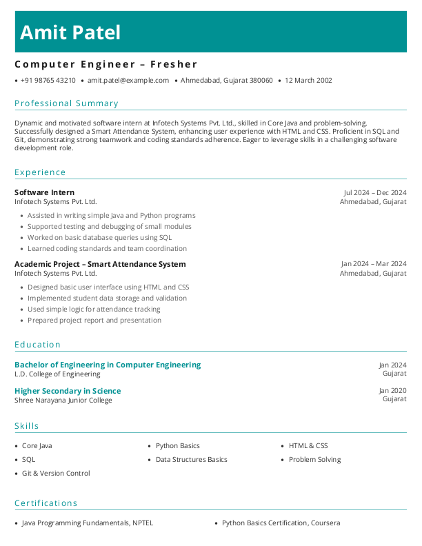 Computor Engineer Fresher Resume Format Free Download in Word