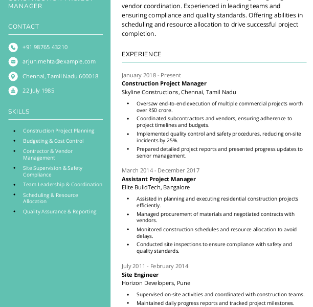 Construction Project Manager Resume Format Free Download in Word