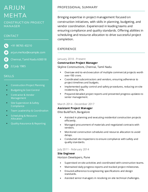 Construction Project Manager Resume Format Free Download in Word