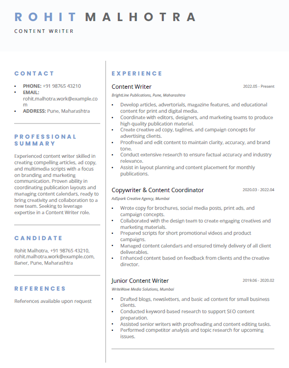 Content Writer Resume template in Word