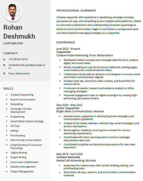 Copywriter resume template and sample in word for Advertising Industry