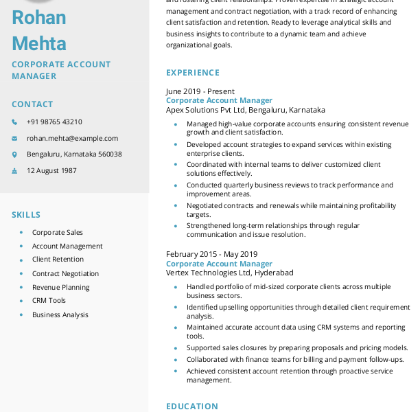 Corporate Account Manager Resume example to Download & Edit in Word