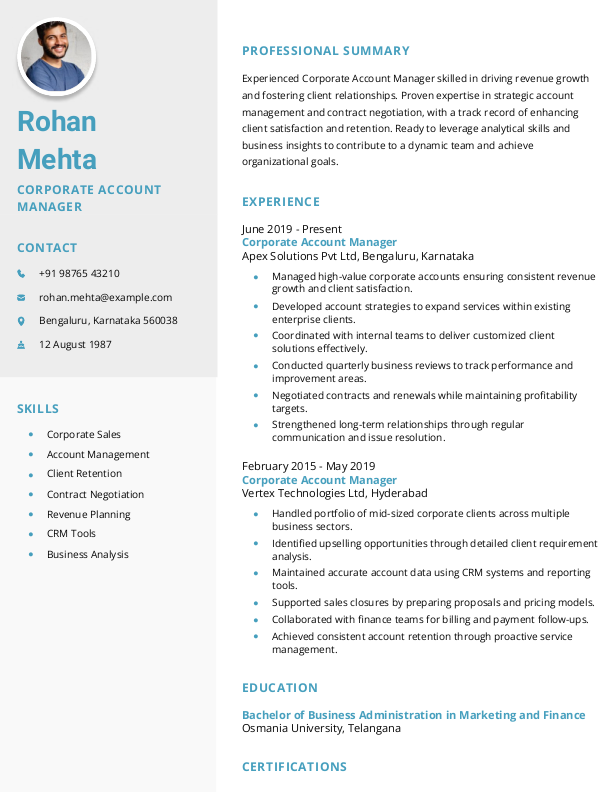 Corporate Account Manager Resume example to Download & Edit in Word