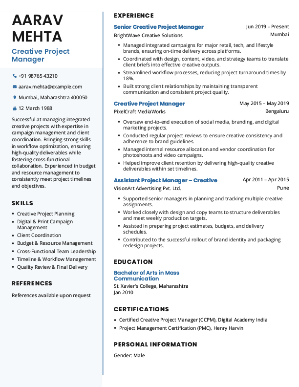 Creative Project Manager Resume Format and Template in Word