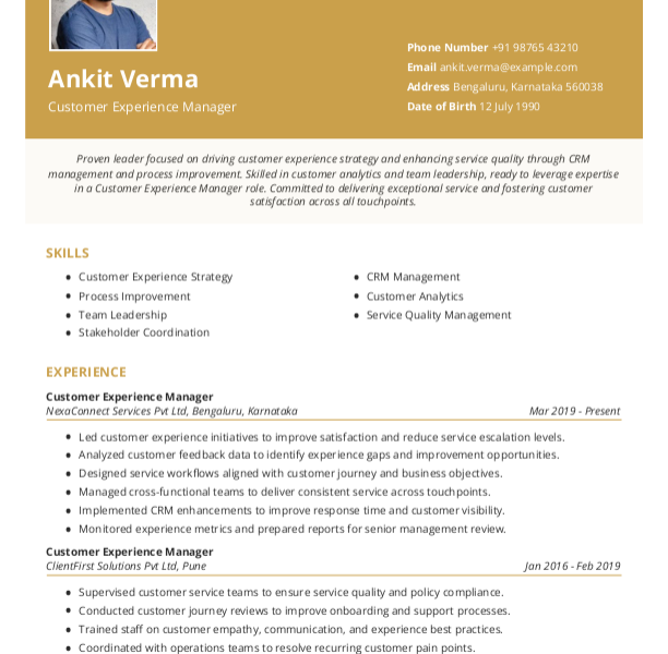 Customer Experience Manager Resume format to Download & Edit in Word