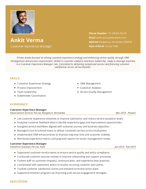 Customer Experience Manager Resume format to Download & Edit in Word