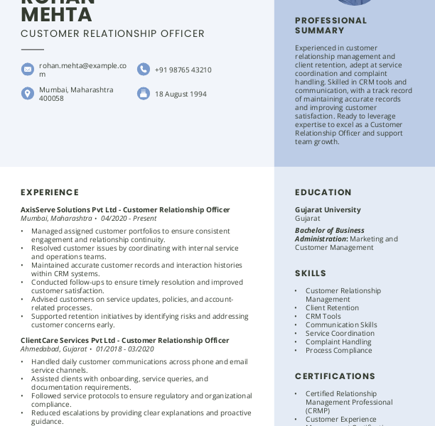 Customer Relationship Officer Resume format to Download & Edit in Word