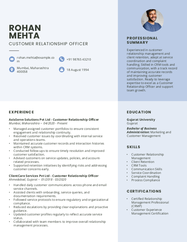 Customer Relationship Officer Resume format to Download & Edit in Word