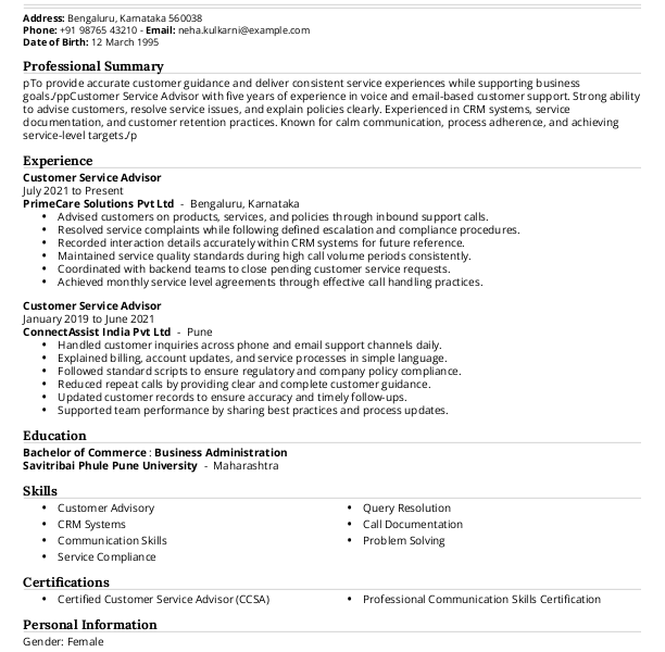 Customer Service Advisor Resume format to Download & Edit in Word