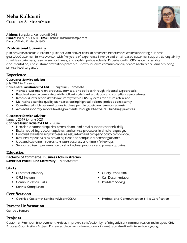 Customer Service Advisor Resume format to Download & Edit in Word