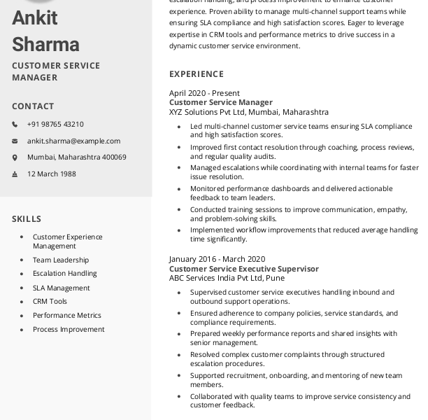 Customer Service Manager Resume format to Download & Edit in Word