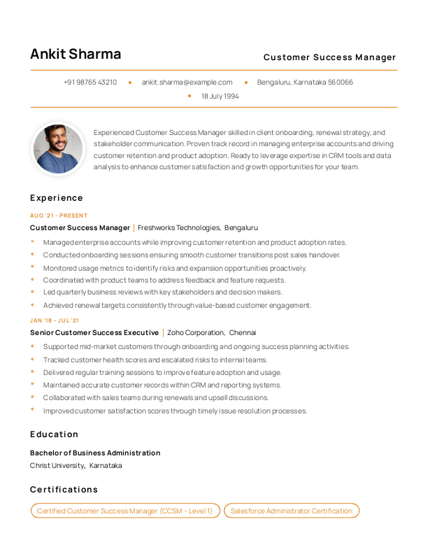 Customer Success Manager Resume format to Download & Edit in Word