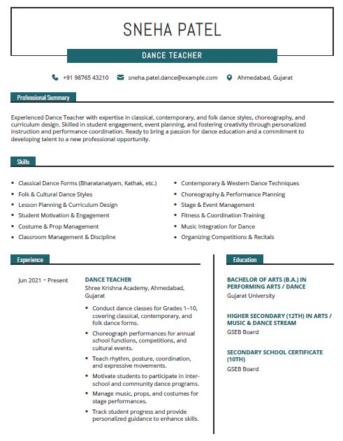 Dance Teacher Resume Format Free Download in Word