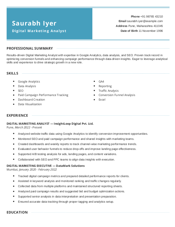 Digital Marketing Analyst Resume example to Download & Edit in Word