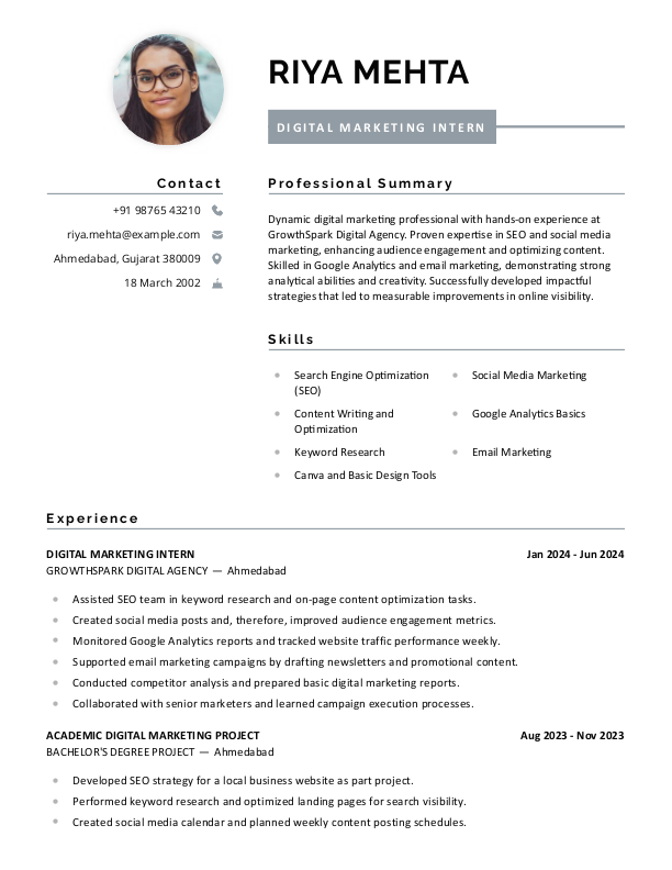 Digital Marketing Fresher Resume example to Download & Edit in Word