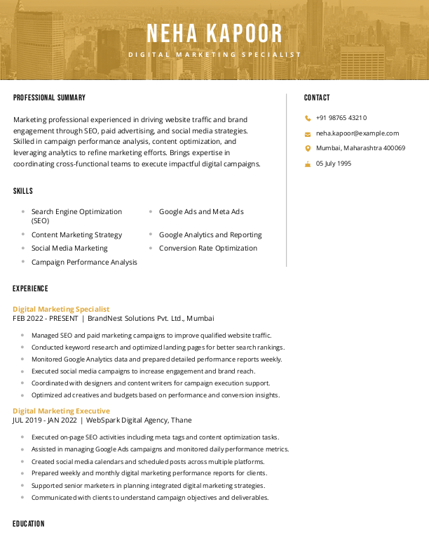 Digital Marketing Specialist Resume example to Download & Edit in Word