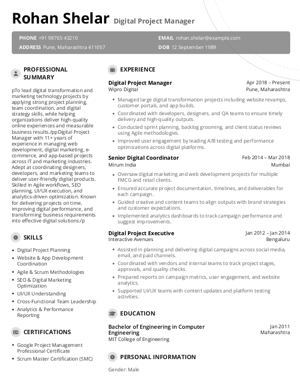 Digital Project Manager Resume Format and Template in Word