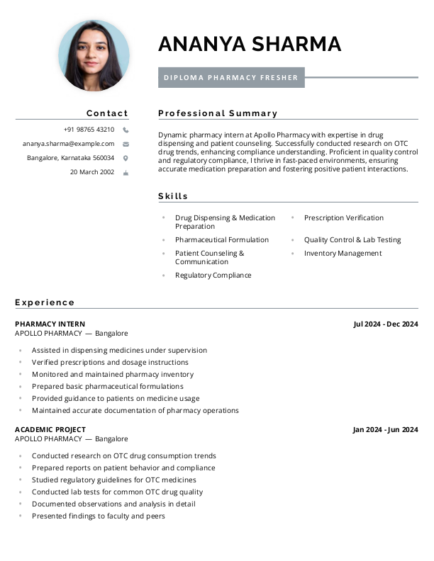 Diploma Pharmacy Fresher Resume Format Free Download in Word