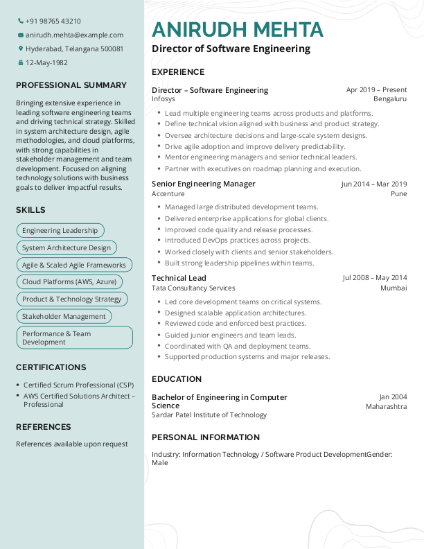 Director Software Engineering Resume Format Free Download in Word