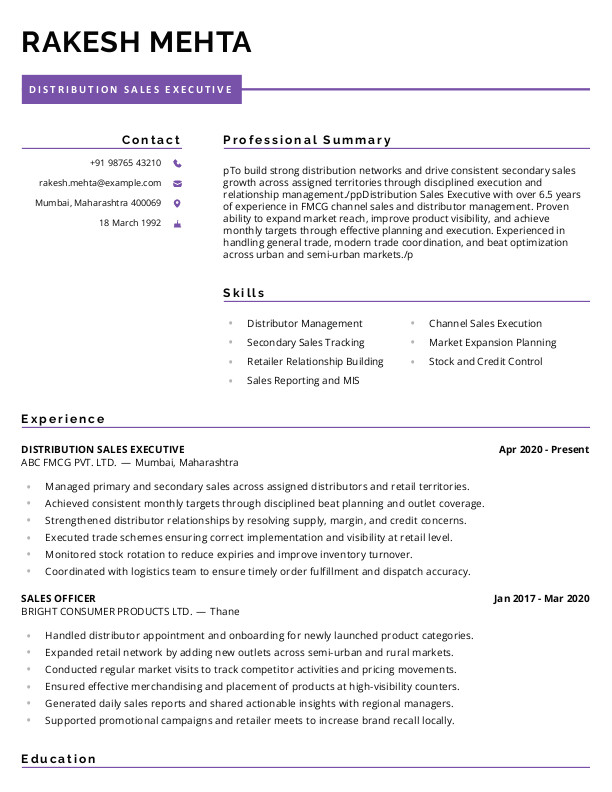 Distribution Sales Executive Resume example to Download & Edit in Word