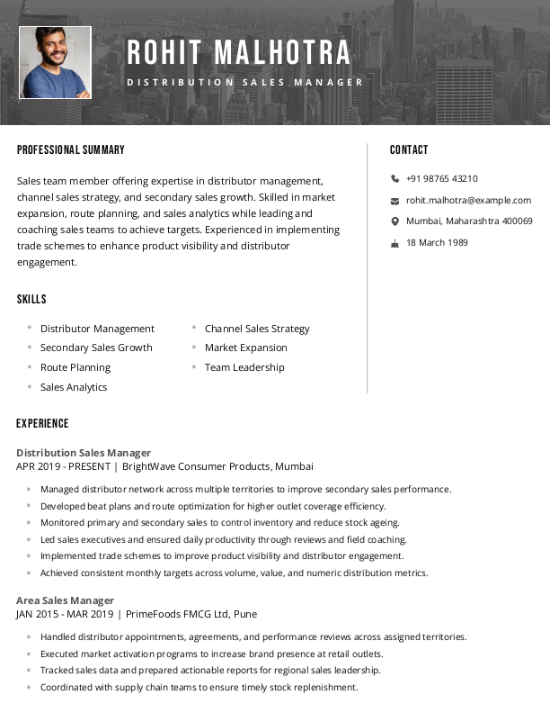 Distribution Sales Manager Resume Example to Download & Edit in Word