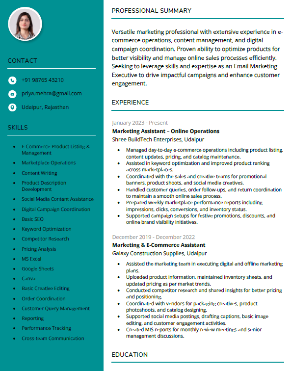 Ecommerce marketing assistant resume template in word