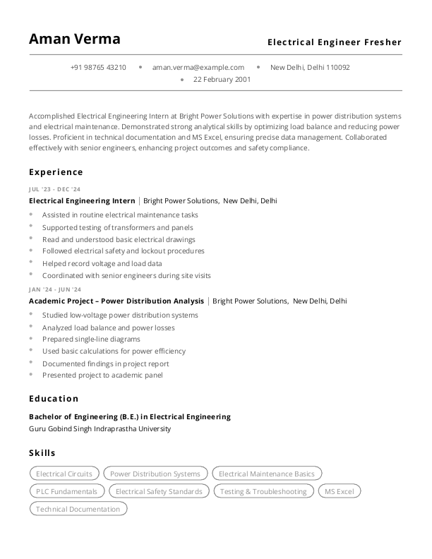 Electrical Engineer Fresher Resume Format Free Download in Word