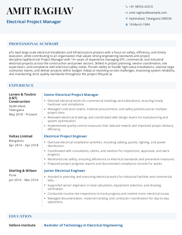 Electrical Project Manager Resume Format and Template in Word
