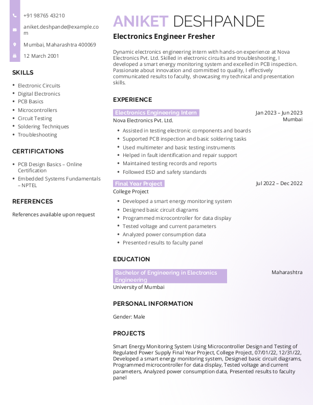 Electronics Engineer Fresher Resume Format Free Download in Word