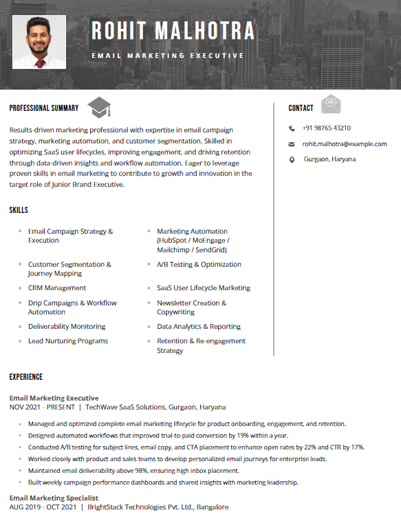Email Marketing Resume tempate and sample in work for IT SASS industry