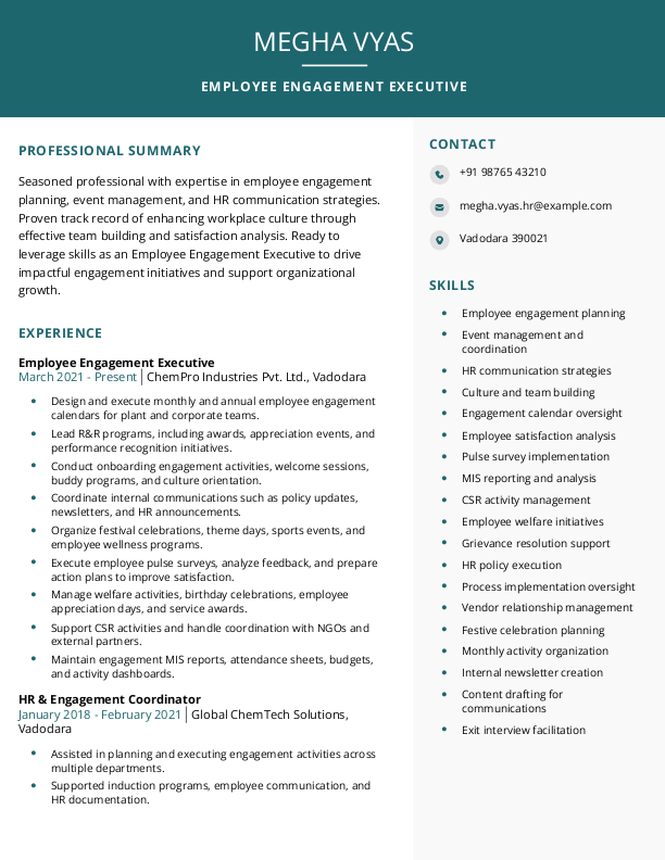 Employee Engagement Executive Resume Format & Template in Word