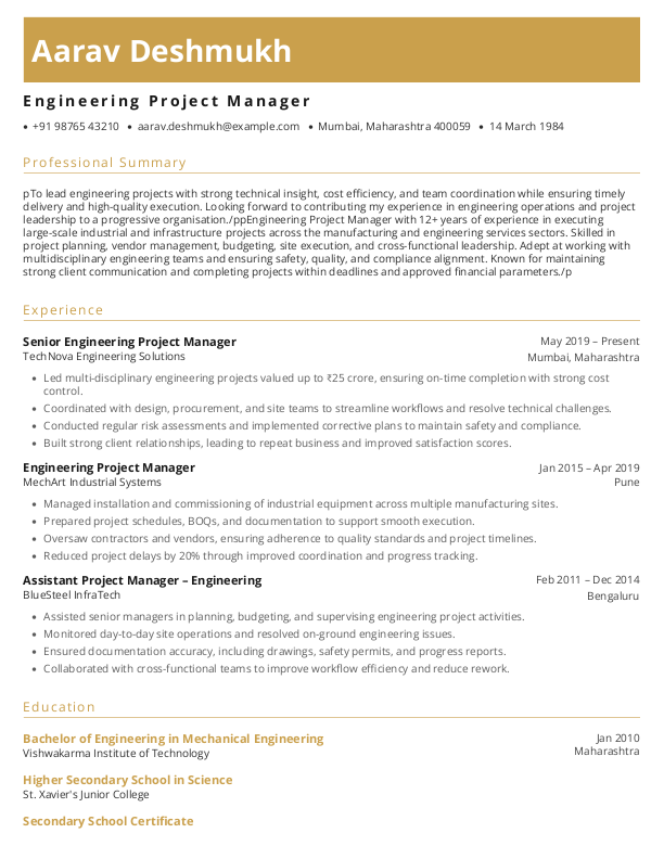 Engineering Project Manager Resume Format and Template in Word