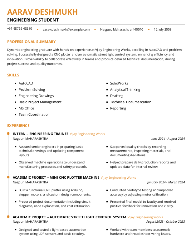 Engineering Student Resume Format Free Download in Word