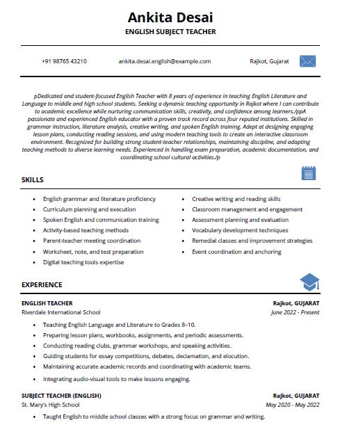 English Teacher Resume Format Free Download in Word