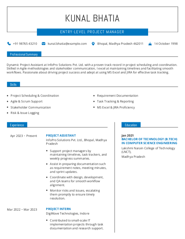 Entry level Project Manager Resume Format and Template in Word