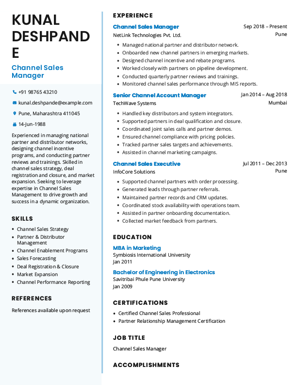 Free Channel Sales Manager Resume format to Download & Edit in Word