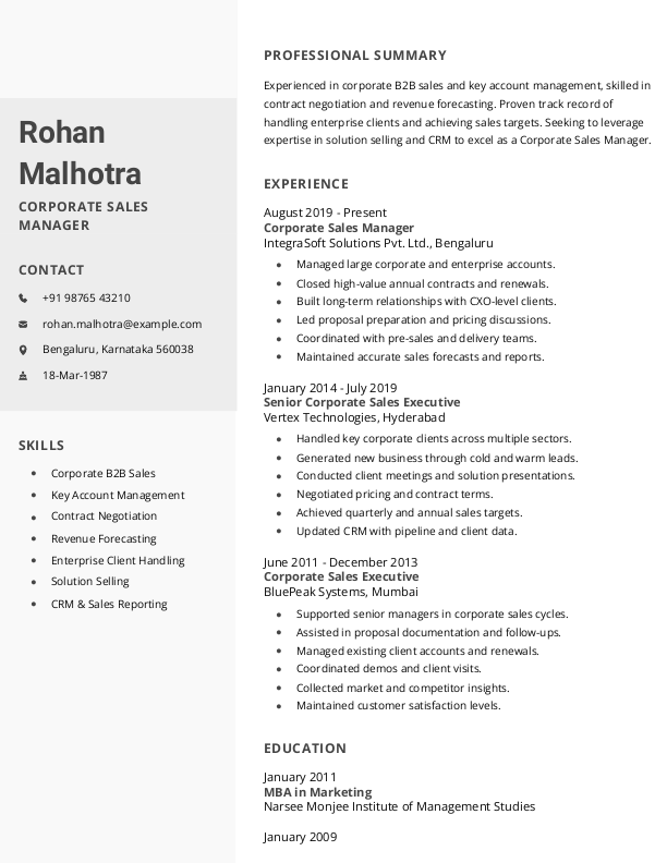 Free Corporate Sales Manager Resume format to Download & Edit in Word