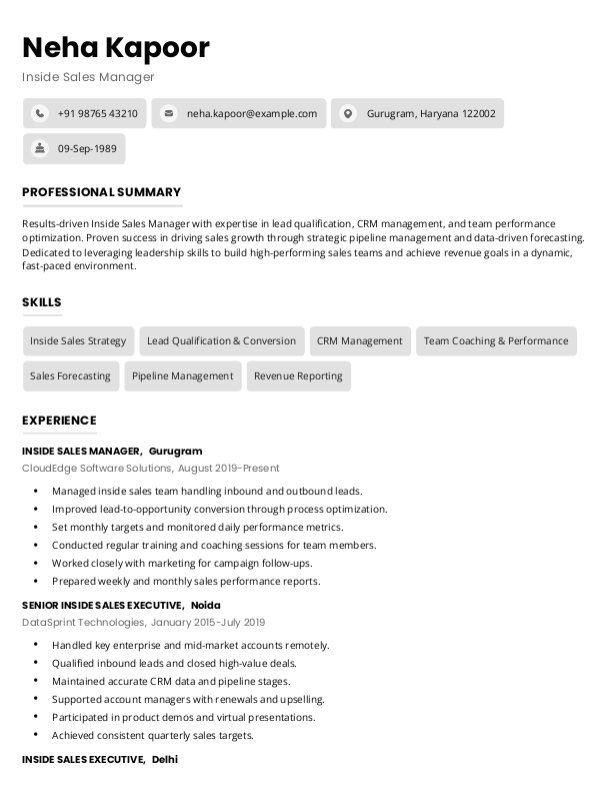 Free Inside Sales Manager Resume format to Download & Edit in Word